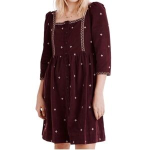 Madewell embroidered corduroy‎ button front dark fig mini dress size 12